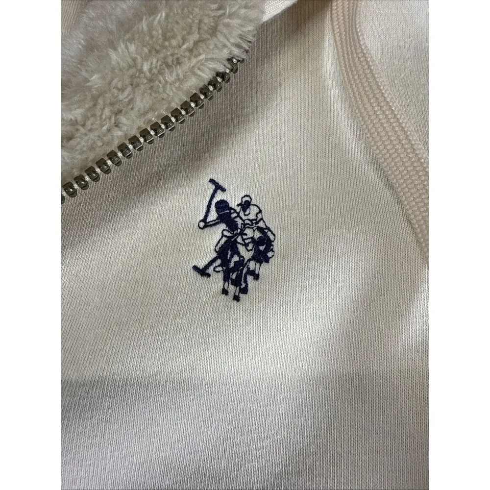 US Polo Assn Sz Medium Oatmeal Colored Sherpa‎ Fur Fleece Hoodie Jacket Pockets